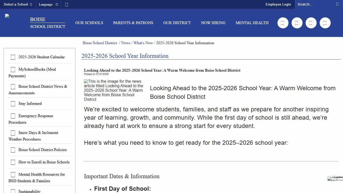 2025-2026 School Year Information - Boise School District